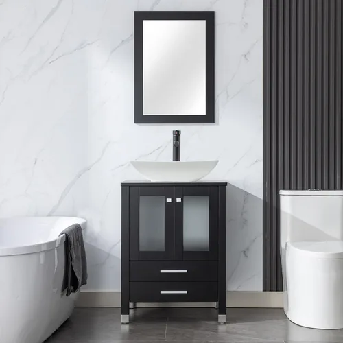 Miniatura 13 de LUCKWIND Combinación de tocador de baño de 24 pulgadas con lavabo, serie elegante con marco pintado, armario de almacenamiento de baño de dos