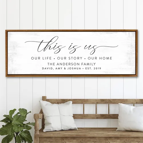Pretty Perfect Studio Letrero personalizado con texto en inglés "This Is Us", arte de pared personalizado con nombres de familia sobre lienzo de 6 x