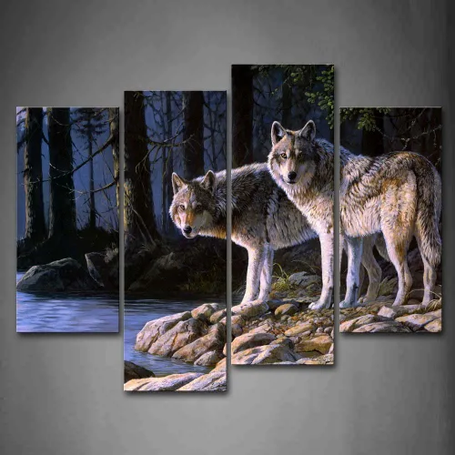 Dos lobos en la orilla del río, bosque, arte de pared, cuadros de lobos impresos en lienzo animal la imagen para decoración moderna del hogar