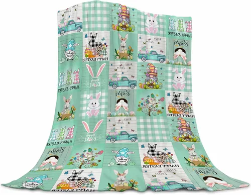 Manta de conejo de Pascua súper suave de franela con elemento de Pascua, linda cola de conejo, huevos coloridos, árbol verde azulado, manta cálida