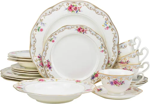 Miniatura 4 de EURO Porcelain Juego de vajilla de 20 piezas para vajilla de porcelana de hueso de lujo chapada en oro de 24 quilates ("Amanda" 5669-20G)