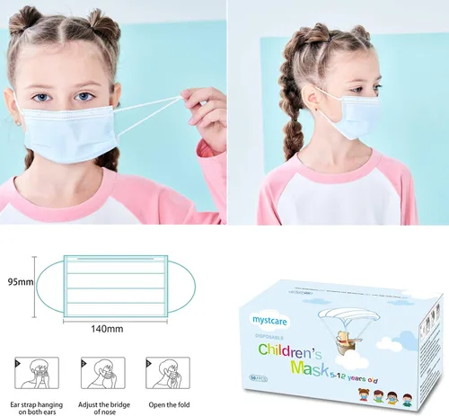 Miniatura 4 de Mascarillas faciales desechables para niños, paquete de 50 unidades, edades de 5 a 12 años, máscaras de seguridad de 3 capas con filtro para uso