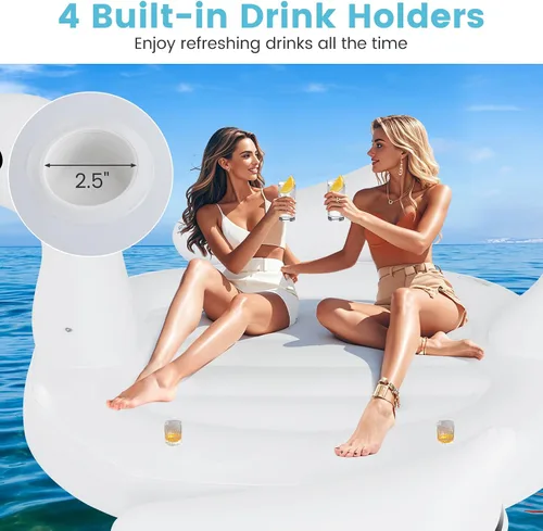Miniatura 5 de Goplus Isla flotante de cisne inflable gigante, flotador de piscina para 4 personas con 4 soportes para tazas, muelle flotante recreativo para lago