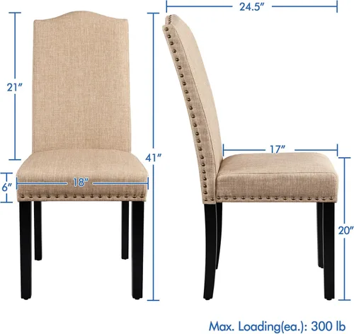 Miniatura 3 de Yaheetech Juego de 4 sillas de comedor tapizadas de tela moderna con patas de madera maciza y adornos de cabeza de clavo para cocina, sala de estar