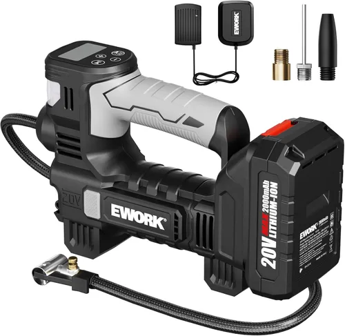 EWORK Inflador de neumáticos de 20 V, compresor de aire portátil para neumáticos de automóvil con batería y cargador, bomba de aire inalámbrica con