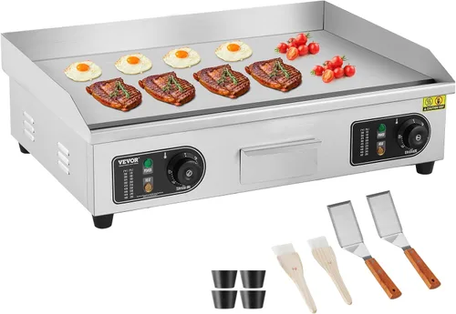 VEVOR Plancha Eléctrica Comercial Mejorada, Parrilla Plana de Encimera de Acero Inoxidable de 2800W, Parrilla de 26'' con 2 Espátulas y 2 Cepillos,