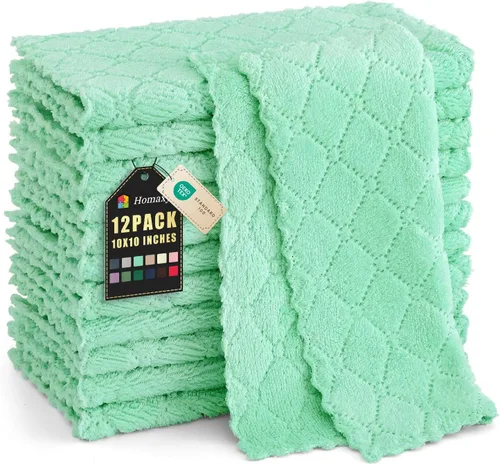 Homaxy - Paquete de 12 trapos de cocina (10 x 10 pulgadas, verde), de terciopelo coral, supersuaves y absorbentes, de secado rápido, paño de
