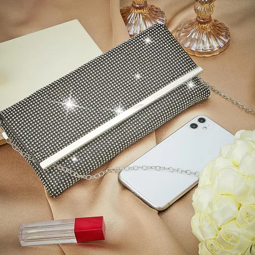 Miniatura 5 de Tessco Bolso de noche para mujer con purpurina para mujer, para noche, boda, fiesta, graduación, bolso de diamantes de imitación con cadena