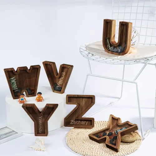 Miniatura 6 de Alcancía con nombre personalizado, 26 letras láser con texto personalizado, banco de monedas de madera, significado educativo, alcancía con nombre