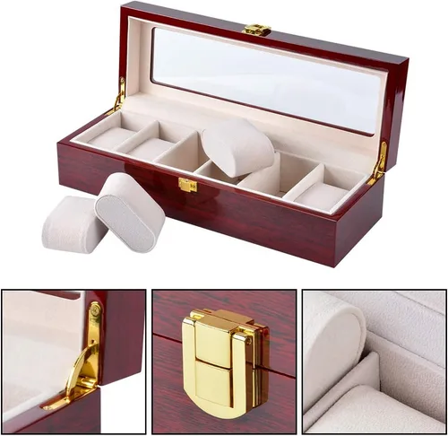 Miniatura 6 de ywduoying Caja de reloj de madera con 6 ranuras anchas para relojes de madera organizador de almacenamiento caja de reloj vintage roja para hombre