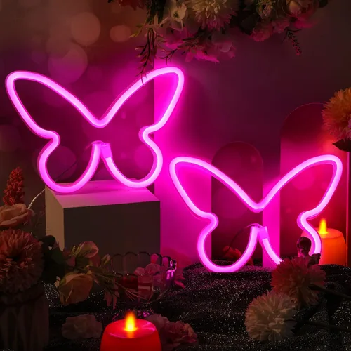 Riakrum 2 Piezas de Carteles de Neón de Mariposa, Luz LED, Batería 3AA, Operado por USB, Decoración de Luz de Neón en la Pared, Arte de Mariposa en