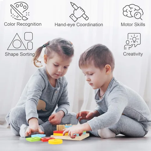 Miniatura 5 de WOOD CITY Juguetes de clasificación y apilamiento de madera Montessori para niños pequeños de 1, 2, 3 años, rompecabezas educativos