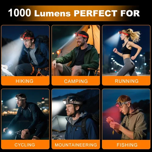 Miniatura 7 de Linterna frontal LED recargable con batería para casco, 5 modos de luz, 1000 lúmenes, USB-C, impermeable, brillante, exterior, camping, esencial