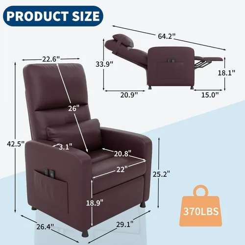 Miniatura 2 de GarveeHome - Silla reclinable eléctrica con calor y masaje, sofá individual ergonómico de cuero sintético ajustable, respaldo alto, asiento PU Marrón