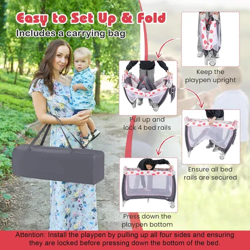 Miniatura 6 de BABY JOY 4 en 1 Pack and Play, corralito portátil para bebé con moisés, puerta lateral con cremallera, cambiador, centro de guardería de viaje