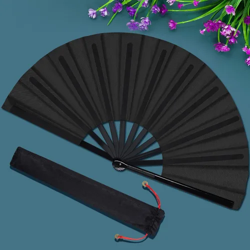 Miniatura 6 de Paquete de 2 ventiladores plegables grandes de mano, abanicos plegables de mano chinos de tela de nailon de Tai Chi, ventilador de Kung Fu chino