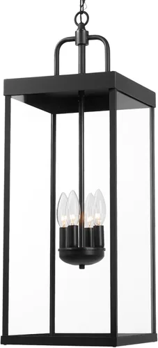 Miniatura 9 de Lámpara colgante grande para exteriores para porche delantero, 20 pulgadas, 2 luces, lámpara colgante exterior negra con vidrio transparente