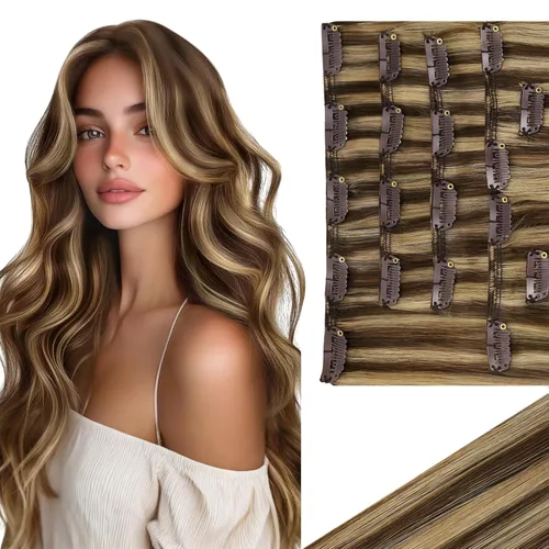 Miniatura 65 de Ve Sunny Extensiones de cabello clip-in de cabello humano real con reflejos, extensiones de cabello con clip para cabello corto, marrón oscuro