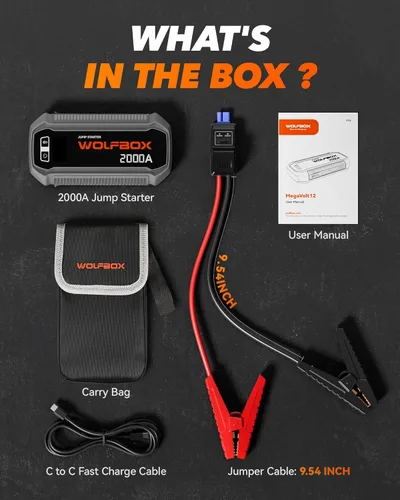Miniatura 6 de WOLFBOX Arrancador de batería de 2000 A, batería de 44.4 Wh portátil con pantalla LED, paquete de arranque de batería de automóvil de 12 V