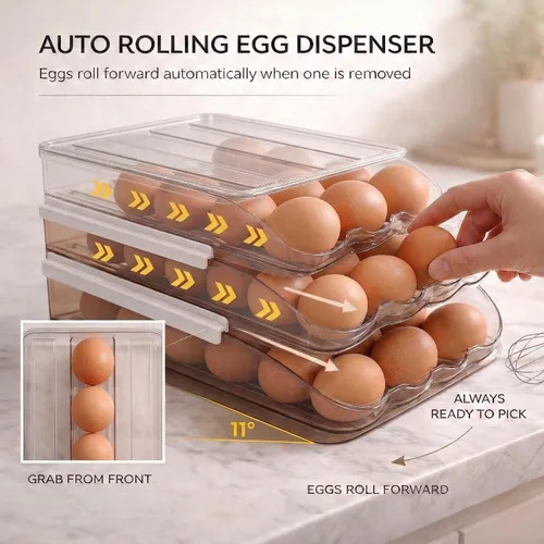 Miniatura 3 de Soporte para huevos para refrigerador con dispensador automático rodante, dispensador de huevos para refrigerador, organizador de huevos apilable