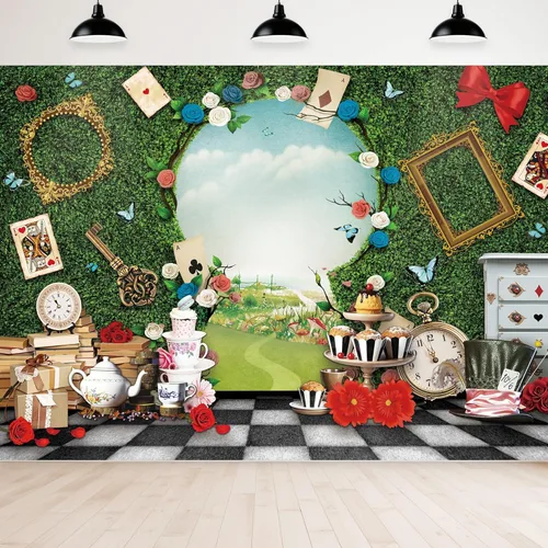 Miniatura 11 de Newsely Telón de Fondo Alicia en el País de las Maravillas para Fiesta de Té, Foto, 5Wx7H, Fotografía, Tablero de Ajedrez, Valla de Hierba Verde