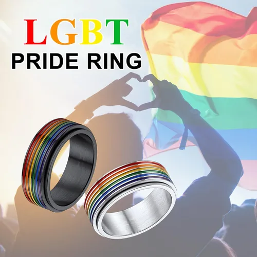 Miniatura 2 de Anillo giratorio LGBT de acero inoxidable con diseño de arco iris Love is Love Gay Lesbians Pride Jewelry Anillos para hombres y mujeres