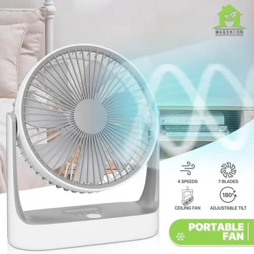 Miniatura 11 de Magshion Ventilador de escritorio USB de 7 pulgadas, ventilador de mesa de batería recargable 3 en 1 de 4000 mAh con luz nocturna, ángulo