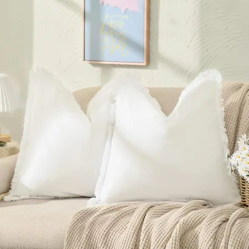 Miniatura 27 de ZWJD Juego de 2 fundas de almohada de 16 x 16 pulgadas, color beige, con flecos, de algodón, decorativas, cuadradas, para sofá, cama, sala de estar
