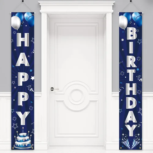 Pancarta de Decoraciones de Cumpleaños Azul Plateado, Letrero de Puerta de Feliz Cumpleaños, Poliéster, 72 x 12 Pulgadas, para Hombres Mujeres Niños