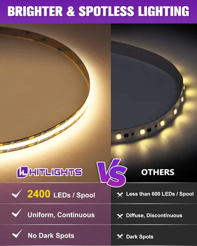 Miniatura 2 de HitLights - Tira de luces LED COB de color blanco cálido de 3000 K, cinta de luz de alta densidad de 16.4 pies, 12 V, 2400 LED, 305+ lm/pie, CRI