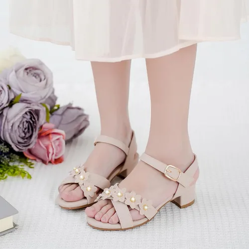 Miniatura 2 de LAURMOSA Sandalias para niñas, tacones para niños, puntera abierta, correa al tobillo, zapatos de vestir, flores para boda, fiesta para niños