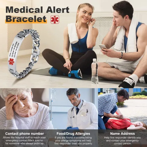 Miniatura 2 de Pulseras de identificación de alerta médica personalizadas para mujeres y hombres, pulseras médicas de emergencia para adultos, pulseras médicas