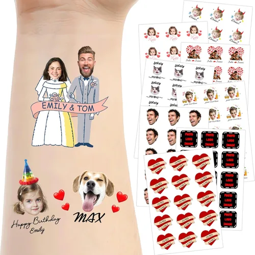 Miniatura 18 de Tatuajes temporales personalizados para la cara, tatuajes faciales personalizados con nombre de foto, logotipo, texto, calcomanía de tatuaje falsa