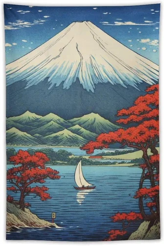 Miniatura 14 de QEOPGNE Tapiz de pared grande con diseño de pez Koi, grandes olas japonesas, flores de cerezo, banderas retro para habitación, sala de estar