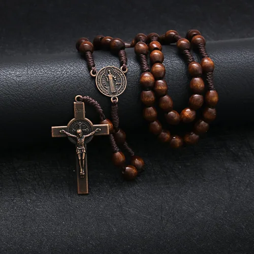 Miniatura 3 de KOMI Rosarios católicos de madera hechos a mano, collar de cuentas de rosario de madera de Belén, medalla de suelo santo y cruz de metal para regalo