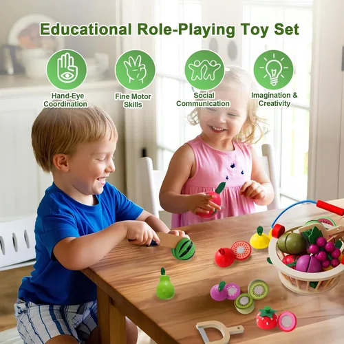 Miniatura 3 de Juguetes de madera para cortar frutas, juego de alimentos para cocina de niños, juego de frutas y verduras cortables, con cesta de picnic