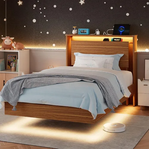 Miniatura 13 de Einhomn Marco de Cama Tamaño Queen con Luces LED y Estación de Carga – Marco de Cama Queen Flotante de Madera para Niños con Cabecera de Negro