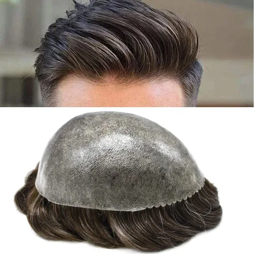 Miniatura 11 de Sistema de cabello humano tipo tupé para hombre, tupé gris, piezas de cabello completo de poliéster para hombres, tupé de inyección de poliuretano