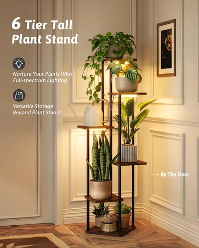 Miniatura 5 de GENTINGBRO Soporte alto para plantas de interior de 4 niveles para múltiples plantas, soporte de madera para plantas, estante de madera, estantería