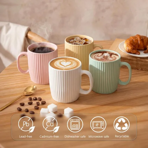 Miniatura 3 de Juego de 4 tazas de café de cerámica de 14 onzas, modernas tazas de café a rayas acanaladas con asas grandes para café con leche, té, cacao