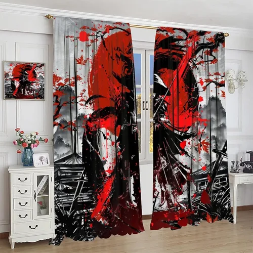 Miniatura 4 de Cortinas opacas con temática japonesa para sala de estar, cortinas de ventana con diseño de samuráis de anime en acuarela y flores de cerezo