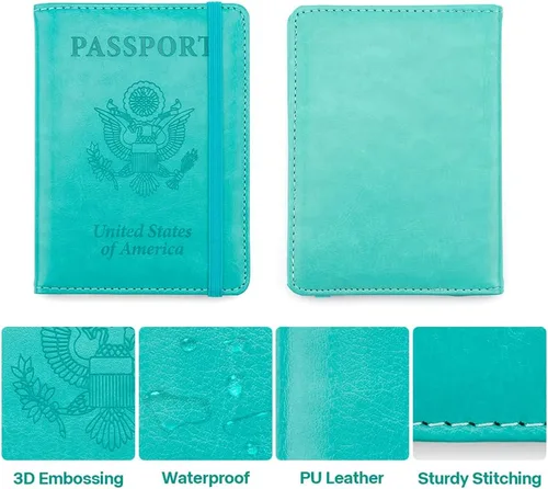 Miniatura 4 de Soporte para pasaporte y tarjetero de vacuna, cartera para pasaporte, funda para pasaporte con bloqueo RFID, Azul lago, Compacto