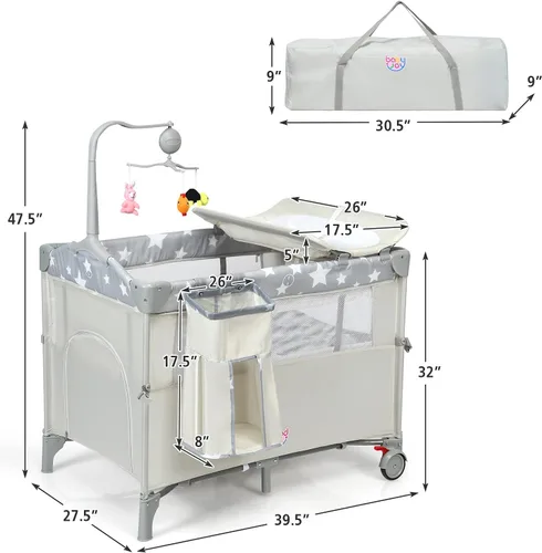 Miniatura 8 de HONEY JOY Pack and Play con moisés, 5 en 1, cuna para bebé para colocar junto a la cama con mesa de cambio de pañales y bolsa de almacenamiento, Café