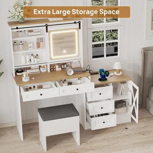 Miniatura 6 de ALBAD - Escritorio de tocador de granja de 56 pulgadas con espejo y luces, color blanco Rustic Makeup Vanity Table/Dresser, Charging Station Power