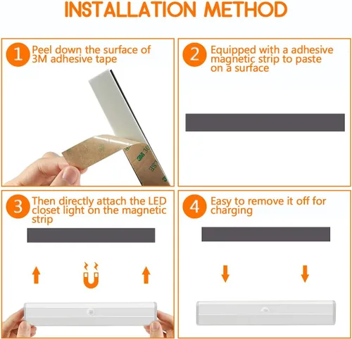 Miniatura 6 de Paquete de 4 luces LED con sensor de movimiento, 10 luces LED para armario, funciona con pilas, barra de luz nocturna magnética adhesiva
