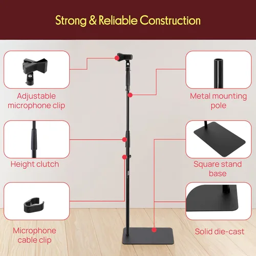 Miniatura 3 de Pyle Soporte de micrófono de base cuadrada con clip de micrófono, resistente, altura ajustable, 36.2 a 63.38 pulgadas, base sólida fundida a