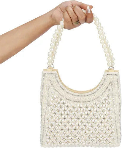 Miniatura 5 de Bolso de mano de perlas de estilo indio, bolso de mano de noche para mujeres y niñas, Blanco sucio