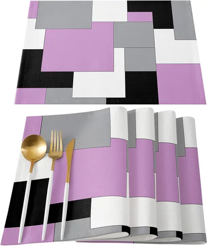 Miniatura 15 de Juego de 4 manteles individuales negros y amarillos, antideslizantes, lavables, manteles individuales de mesa de retazos de arte abstracto para mesa