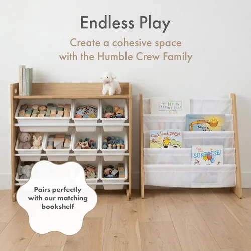 Miniatura 8 de Humble Crew Organizador de almacenamiento de juguetes con estante superior y 9 contenedores extraíbles, natural/blanco, estantería para niños Madera