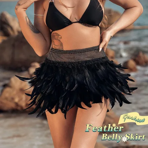 Miniatura 3 de REETAN Falda de vientre con capas de plumas con diamantes de imitación, falda novedosa de tul para festivales rave, falda ajustable para mujeres